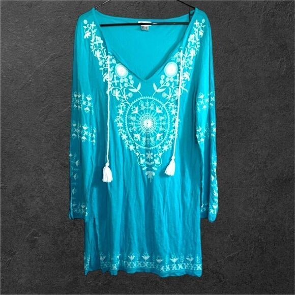 VENUS Women's Blue Floral Aztec Long Sleeve V-Neck Tassle Dress sz M Boho Beachy - Picture 2 of 6